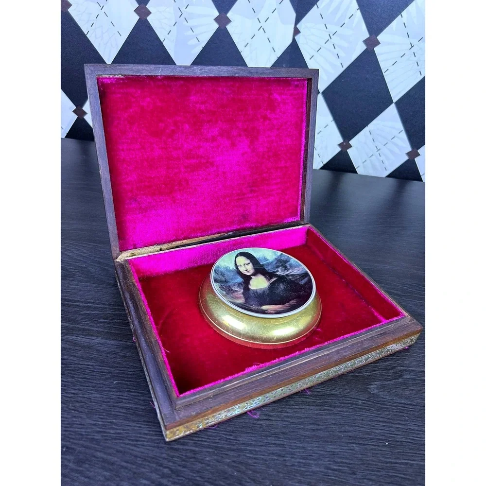 Vintage Indian Hand Painted Jewelry Box Velvet Lined Brass Inlay 8.5x6.5 Inch